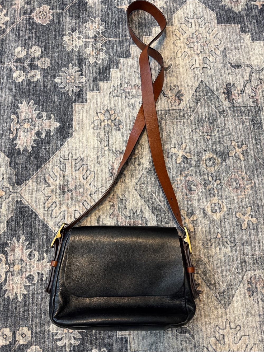 Fossil Vintage Black Leather Crossbody Bag with Brown Strap
